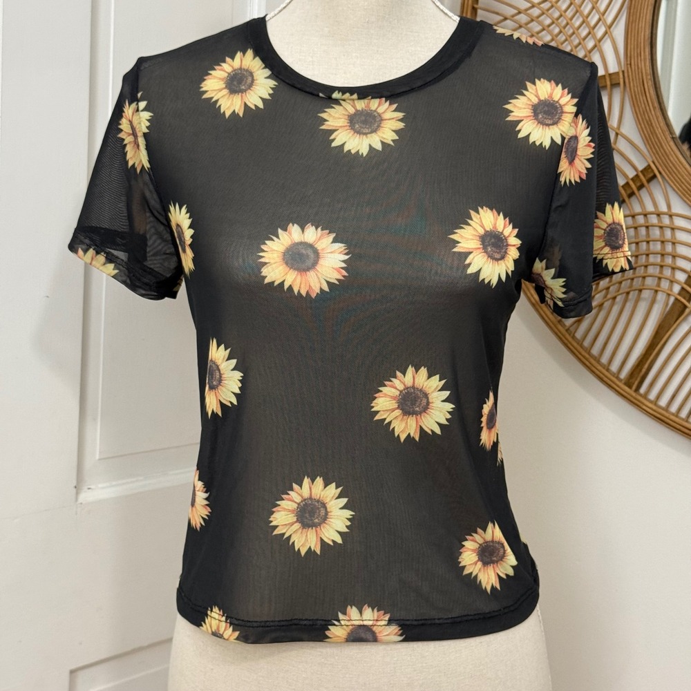 Cloud Dancer Sunflower Mesh Baby Tee Top Sz L Sheer Boho Edgy Festival Y2K
